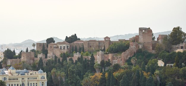 スペイン、マラガの要塞のある美しい旧市街の空撮