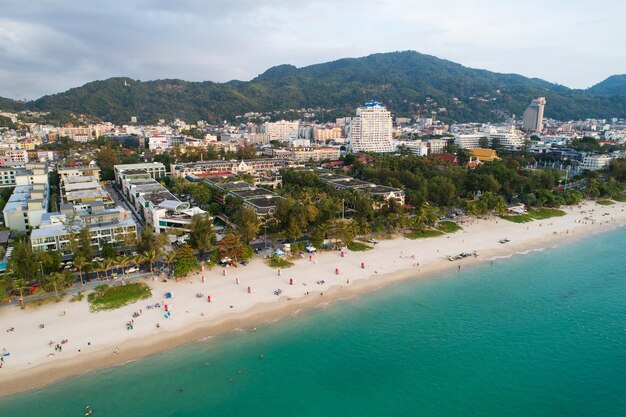 Aerial view beautiful patong beach Phuket Thailand Amazing sea beach sand tourist travel destination in the andaman sea Beautiful island on February 12-2022