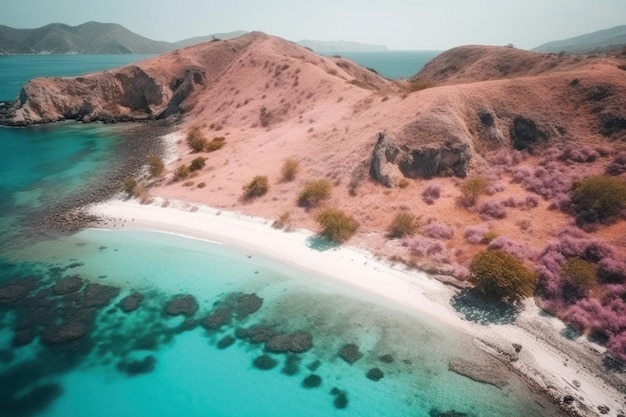 Aerial view of beautiful pink beach komodo national park indones with pink sand and turquoise sea