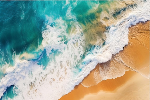 Aerial view of a beautiful sandy beach with turquoise sea and waves