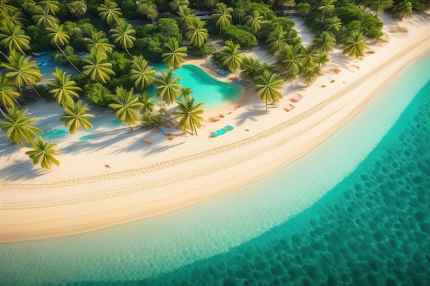 Aerial view of beautiful tropical beach and sea with coconut palm tree ai generative