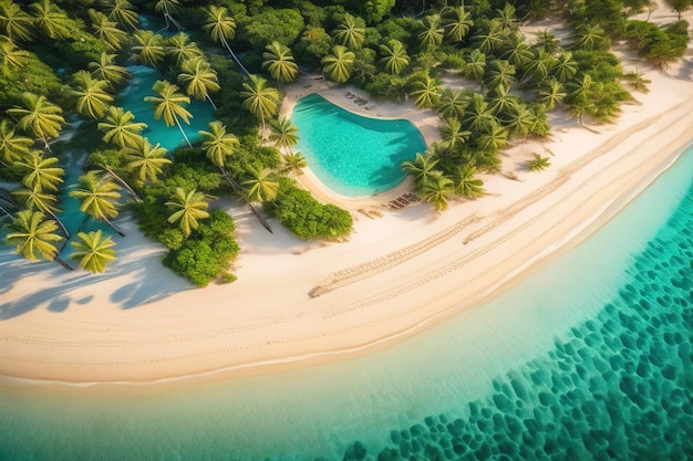 Aerial view of beautiful tropical beach and sea with coconut palm tree ai generative