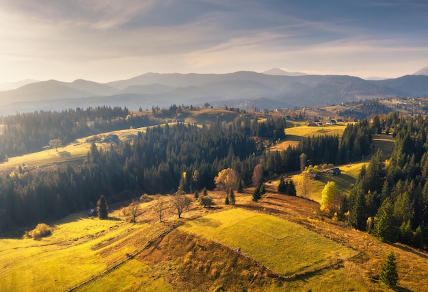 Aerial view of beautiful village in Carpathian mountains at sunset in autumn Colorful landscape with green meadows houses with gardens trees sky in fall Top view of mountain countryside Nature