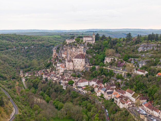 Aerial view of Beautiful village Rocamadour in Lot department southwest France Its Sanctuary of the Blessed Virgin Mary has for centuries attracted pilgrims