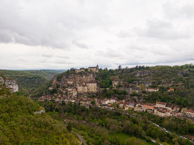 Aerial view of Beautiful village Rocamadour in Lot department southwest France Its Sanctuary of the Blessed Virgin Mary has for centuries attracted pilgrims