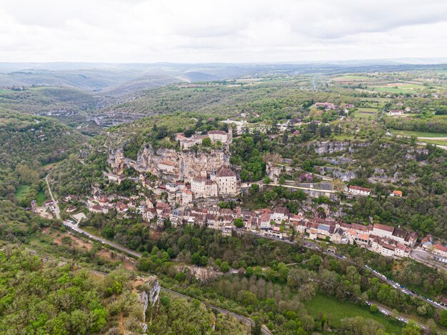 Aerial view of Beautiful village Rocamadour in Lot department southwest France Its Sanctuary of the Blessed Virgin Mary has for centuries attracted pilgrims