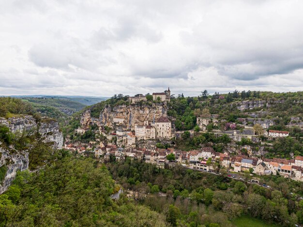 Aerial view of Beautiful village Rocamadour in Lot department southwest France Its Sanctuary of the Blessed Virgin Mary has for centuries attracted pilgrims