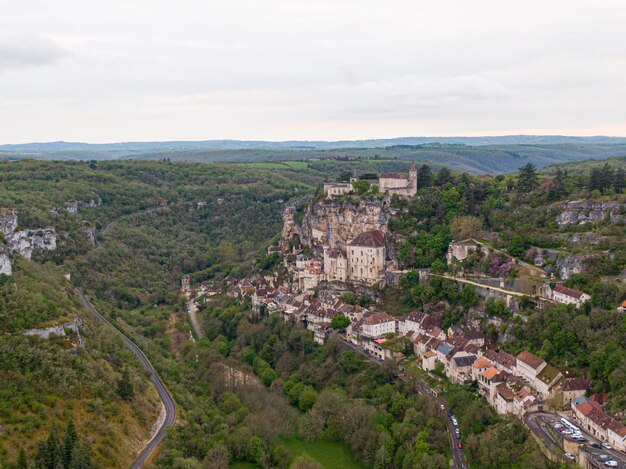 Aerial view of Beautiful village Rocamadour in Lot department southwest France Its Sanctuary of the Blessed Virgin Mary has for centuries attracted pilgrims