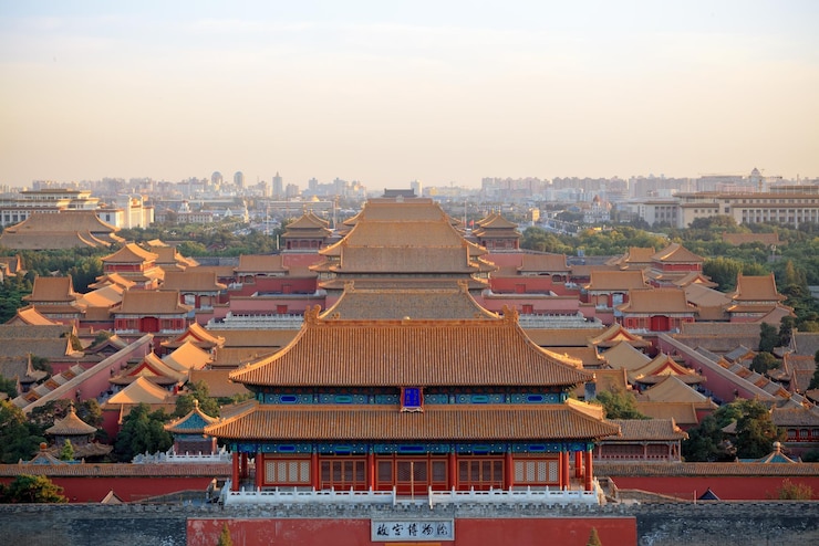 Photo aerial view of beijing forbidden city at dusk
