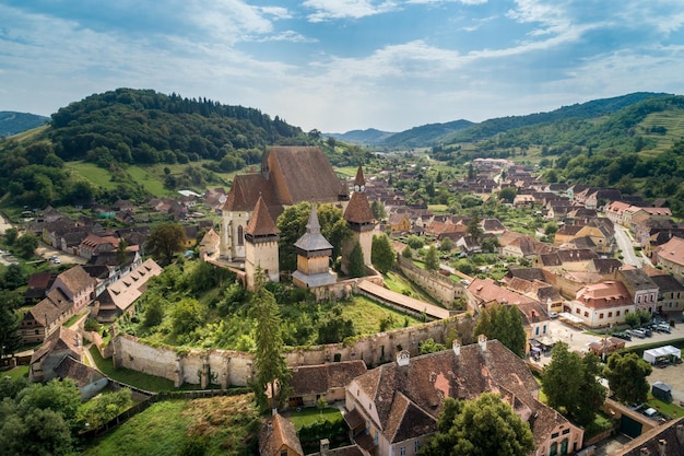 Aerial view of Biertan fortified saxon church Unesco World Heritage site in Biertan village Transylvania Romania Europe Romania travel destination