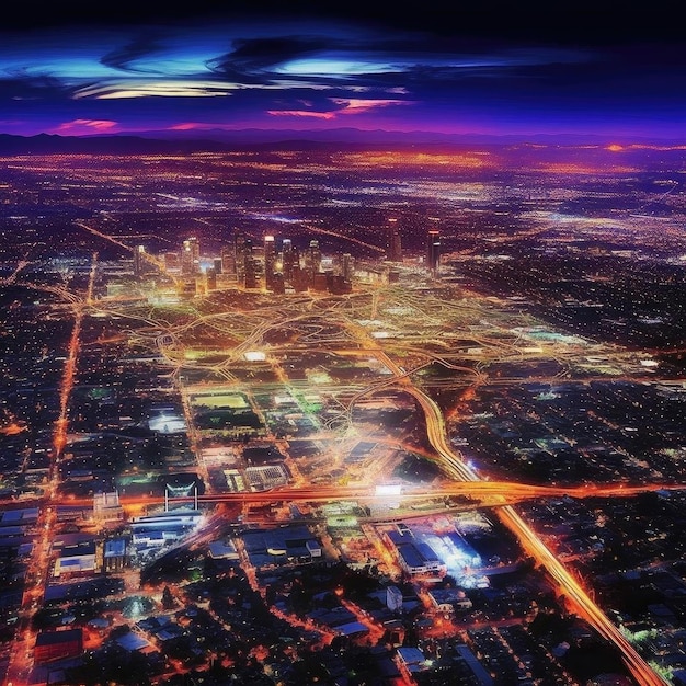 Aerial view of a big city at night