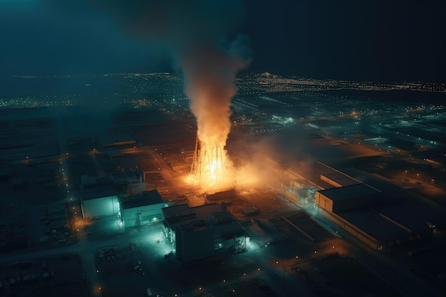 Aerial view of Big explosion and fire on power plant Generative AI