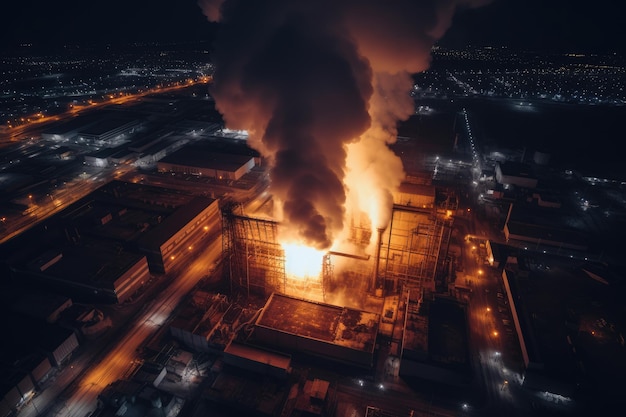 Aerial view of Big explosion and fire on power plant Generative AI