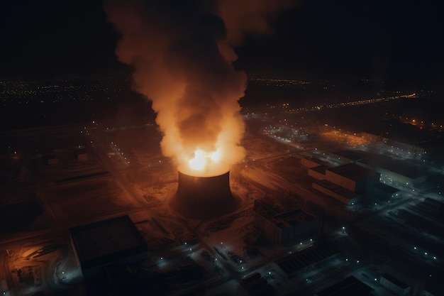 Aerial view of Big explosion and fire on power plant Generative AI