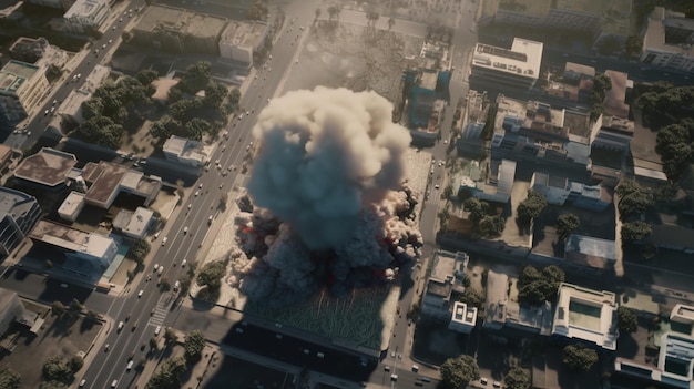 Aerial view of big explosion in the middle of the city