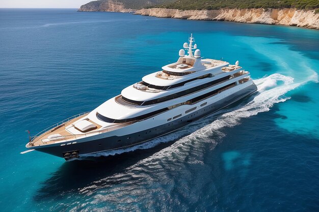 Aerial view of big motor yacht in the mediterranean sea along the coast in ibiza balearic island spain