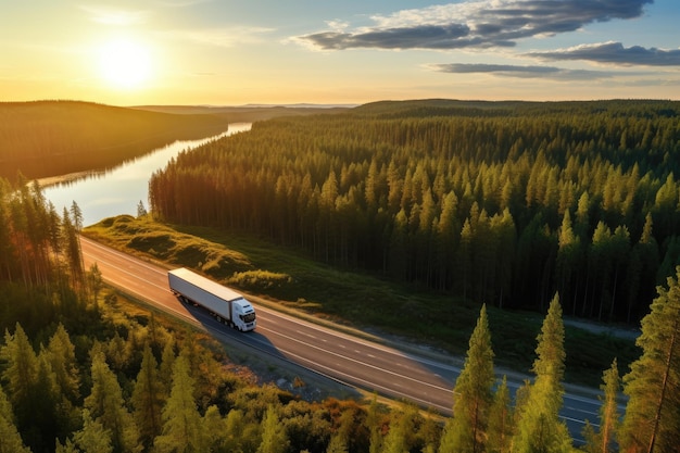 Aerial view of big rig semi truck with cargo trailer running on highway in beautiful summer landscape semi truck with cargo trailer on road curve at lake shore with green pine forest AI Generated