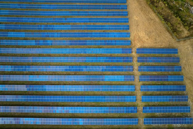 クリーンな電気エネルギーを生成するための多数の列の太陽光発電パネルを備えた大きな持続可能な発電所の航空写真ゼロエミッションコンセプトの再生可能電力