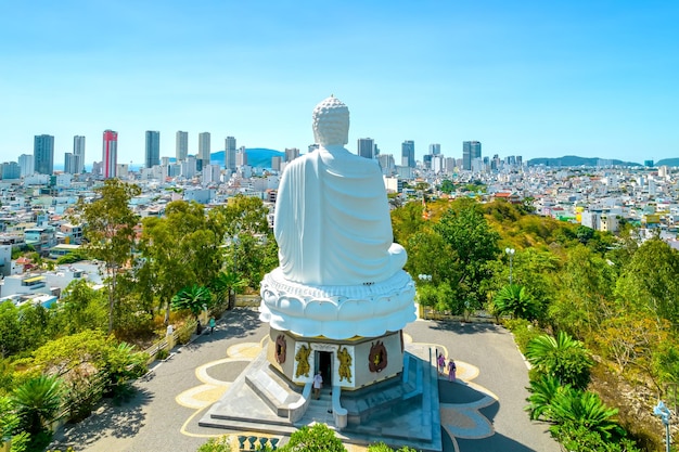 Aerial view big white Buddha in Long Son pagoda in Nha Trang Vietnam in a summer day