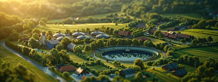 Aerial view of biogas plant in farmland circular economy energy production Hyperdetailed Photorealistic HD super detailed