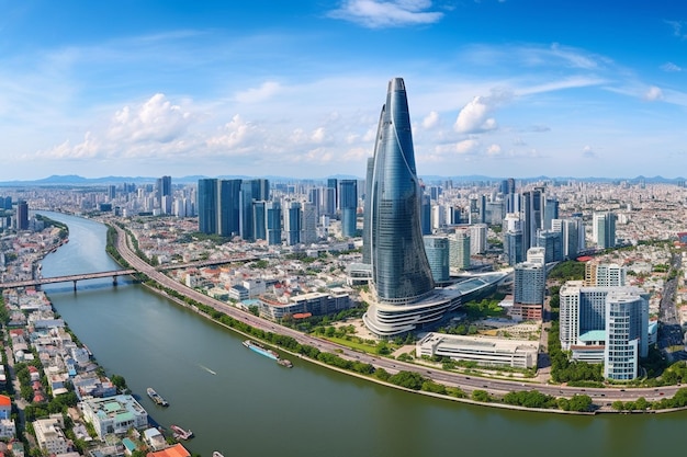 Aerial view of bitexco and ifc one saigon tower buildings roads thu thiem 2 bridge and saigon river