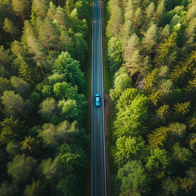 Aerial View Blue Car Driving Down an Asphalt Road Crossing Vast Forest on Summer Day Aerial Shot