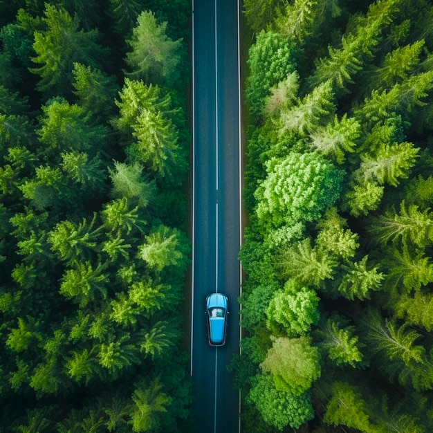 Aerial View Blue Car Driving Down an Asphalt Road Crossing Vast Forest on Summer Day Aerial Shot