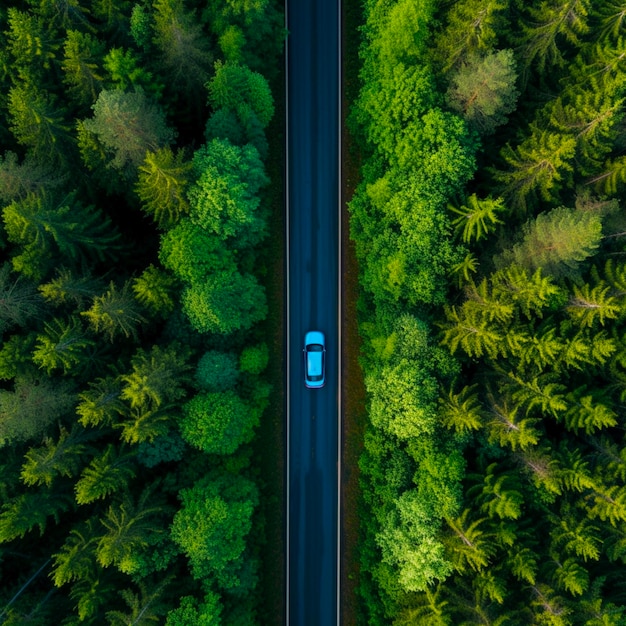 Голубой автомобиль, движущийся по асфальтированной дороге, пересекающей огромный лес в летний день