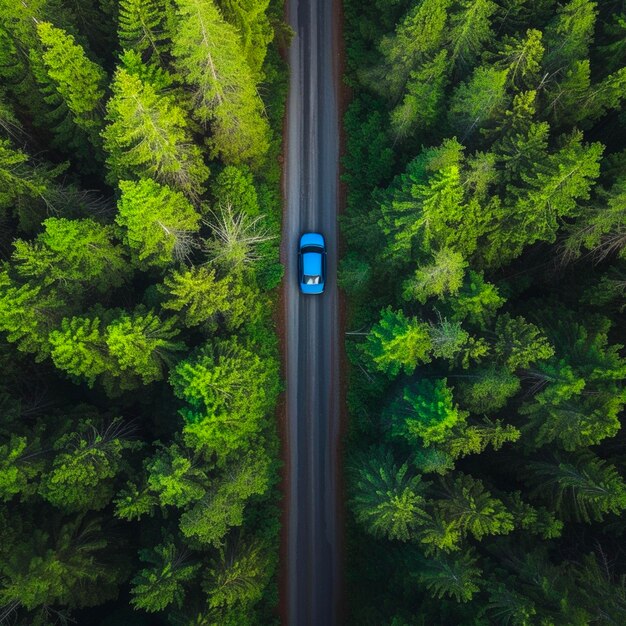 Голубой автомобиль, движущийся по асфальтированной дороге, пересекающей огромный лес в летний день