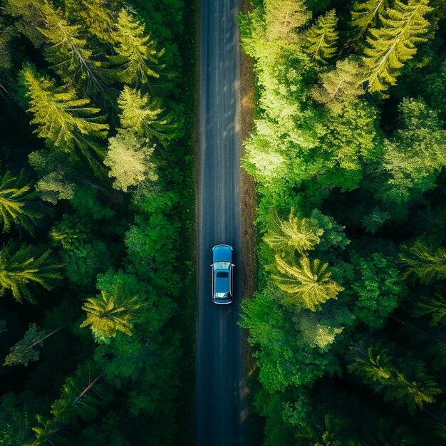 Aerial View Blue Car Driving Down an Asphalt Road Crossing Vast Forest on Summer Day Aerial Shot