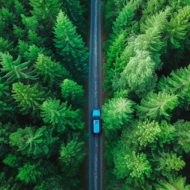 Aerial View Blue Car Driving Down an Asphalt Road Crossing Vast Forest on Summer Day Aerial Shot