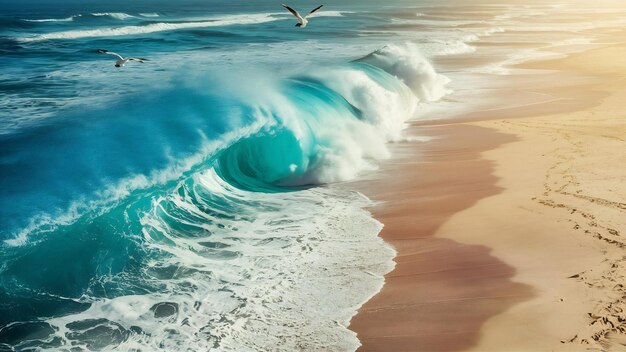 Foto vista aerea dell'onda blu dell'oceano sulla spiaggia di sabbia