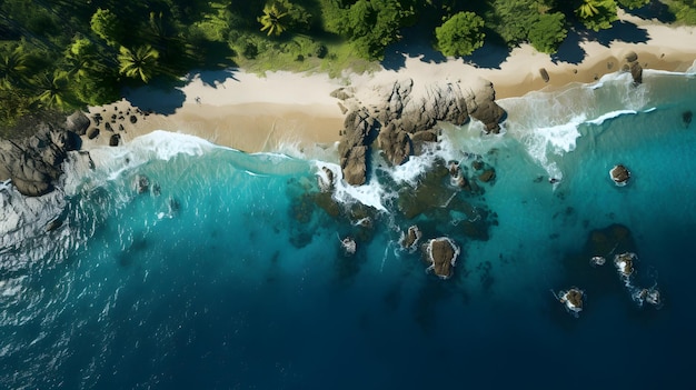 Aerial view of blue ocean waves hitting beach rocks against sandy beach background