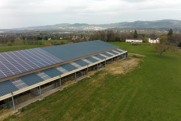 Aerial view of blue photovoltaic solar panels mounted on farm building roof for producing clean ecological electricity Production of renewable energy concept