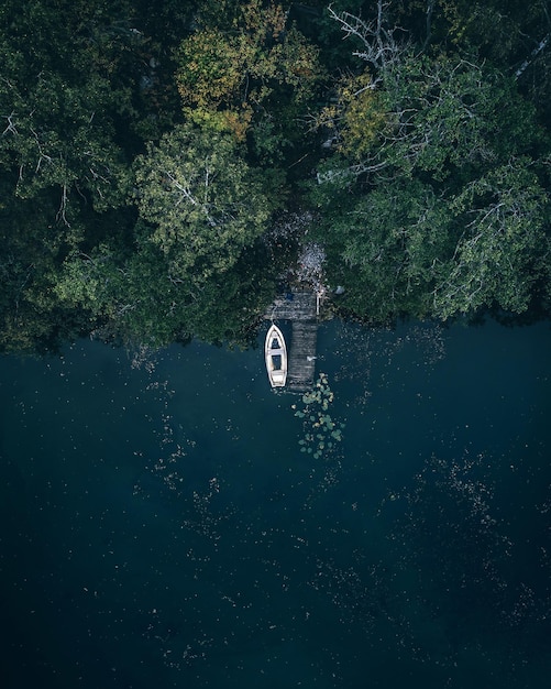 Photo aerial view of boat moored in lake at forest