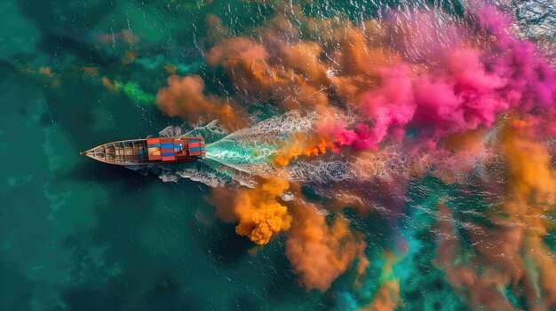 Aerial view of a boat in the sea with colorful smoke clouds