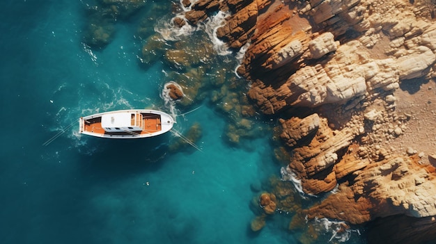 An aerial view of a boat in the water near a rocky