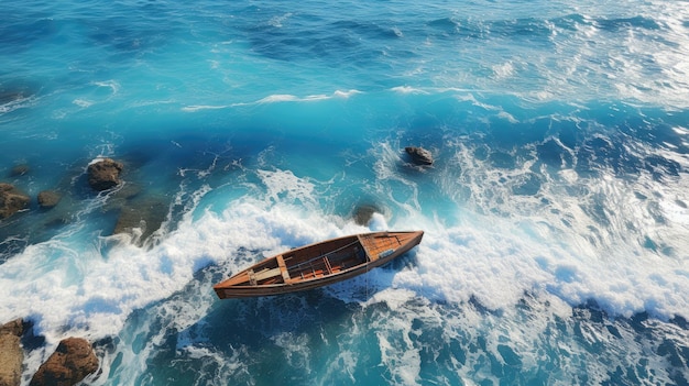 Aerial view of the boat and waves The backdrop is a blue ocean seen from above Summer view of the
