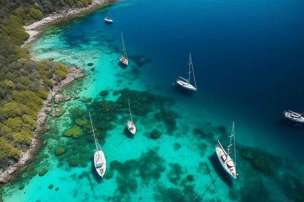 Aerial view of boats sailing through the blue waters of nature ai generated