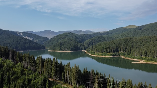 Aerial view over Bolboci lake in Bucegi mountains of Romania