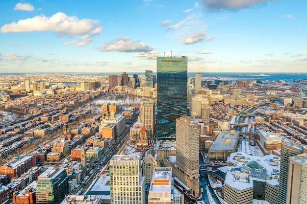 Aerial view of Boston in Massachusetts USA at sunset in winter