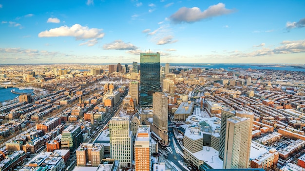 Aerial view of Boston in Massachusetts, USA at sunset in winter