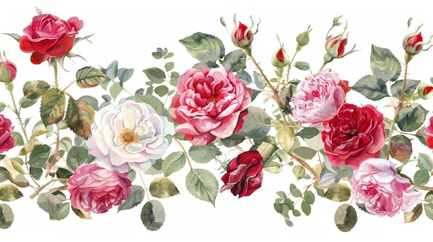 An aerial view of a bouquet of roses and spring blossoms Horizontal border red mauve pink flowers buds and green leaves on a white background A watercolor style illustration of a bouquet of