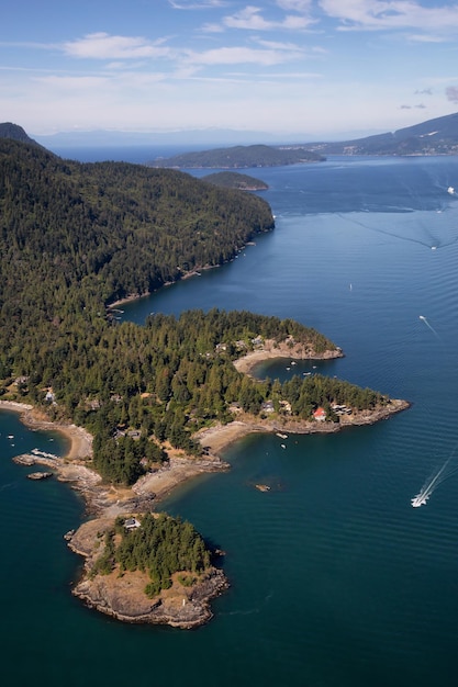 Aerial view of Bowen Island during a sunny summer day