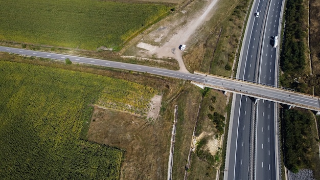 Aerial view of bridge over highway.