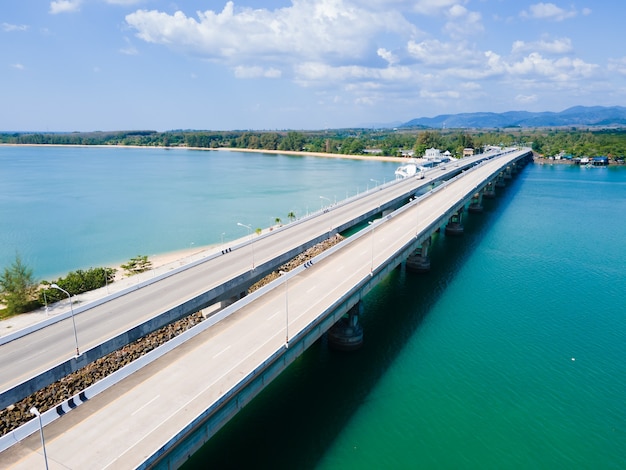 aerial view bridge on the lake and transportation.