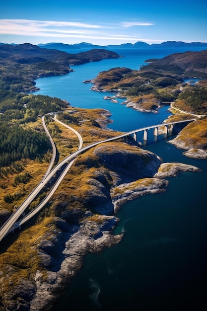 an aerial view of a bridge over a large body of water