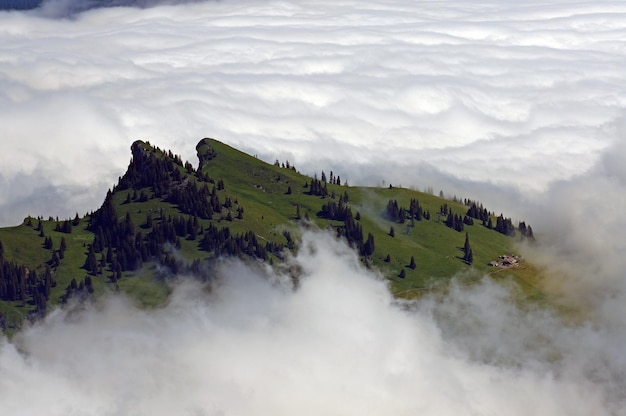 Aerial view of brienzer rothorn in foggy weather