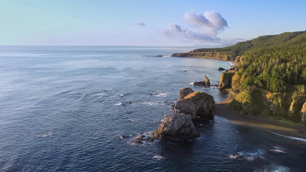 Aerial view the Bright dawn the Sakhalin Birds Cape,Russia