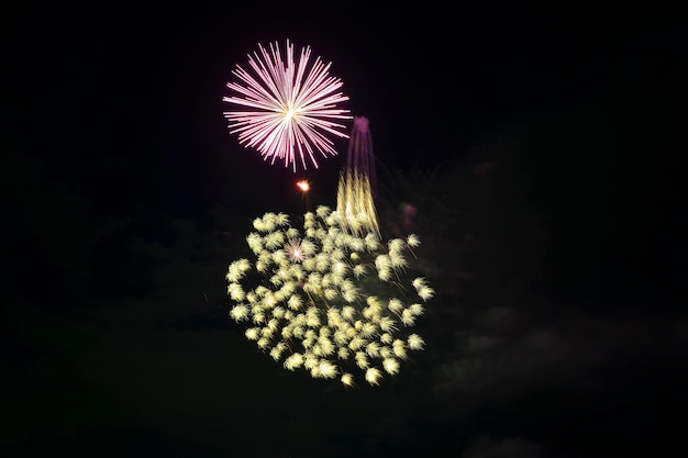 Aerial view of bright fireworks exploding with colorful lights against dark night sky on US Independence day holiday